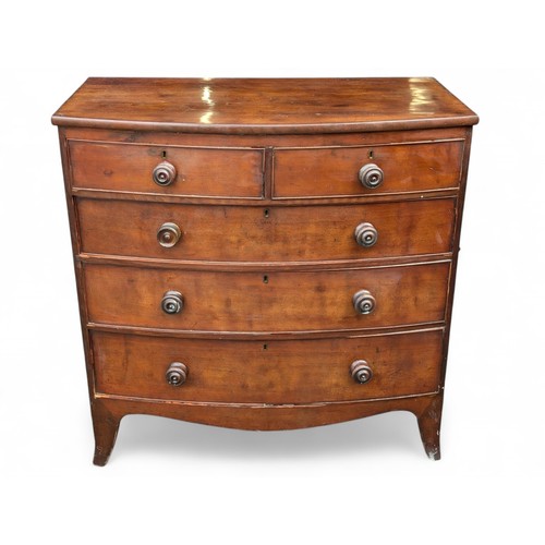 9 - Antique Bow Fronted Chest of Drawers - with Round Turned Handles - Mahogany. 2 Over 3 Drawers.