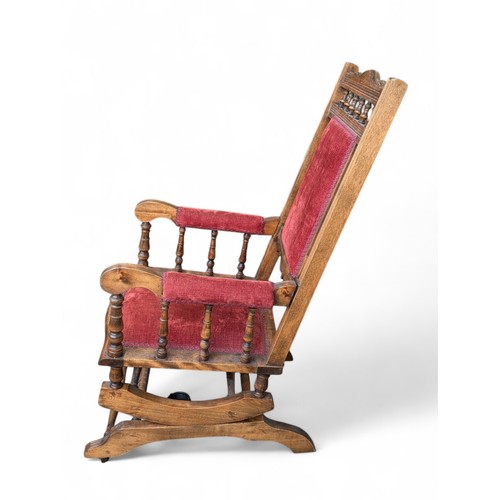 23 - American Style Adult Rocking Chair With Red Seat, Nice Quality Piece Hand Turned Spindles