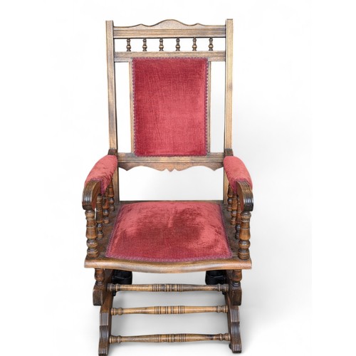 23 - American Style Adult Rocking Chair With Red Seat, Nice Quality Piece Hand Turned Spindles