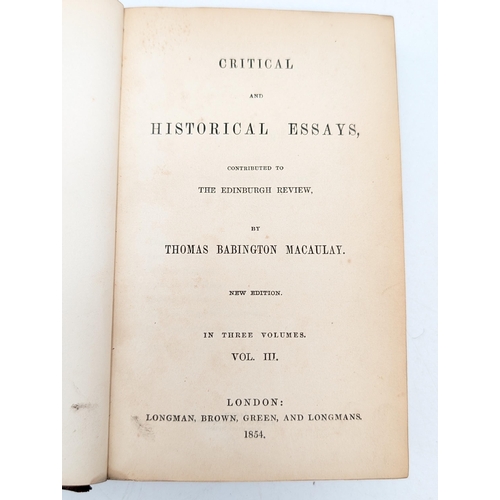 60 - Critical And Historical Essays By Thomas Babington Macauly Vol III Only 1854 Good Condition Typical ... 