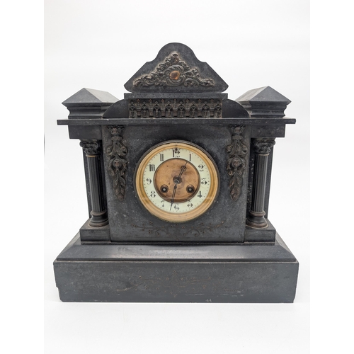 93 - Impressive Heavy Slate Mantel Clock, Victorian Corinthian Pillar Design. 34x35x16cm