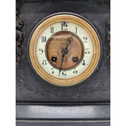 93 - Impressive Heavy Slate Mantel Clock, Victorian Corinthian Pillar Design. 34x35x16cm