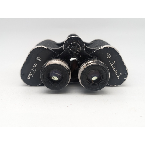 97 - Vintage Russian 3OM3 7x50 Binoculars, Along With Oak Cased 6