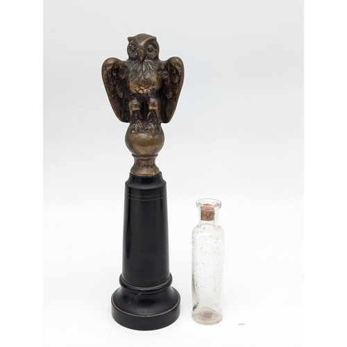 110 - Eclectic Group Including Plated Ware and Unusual Brass Owl Topped Hidden Glass Vial Inside