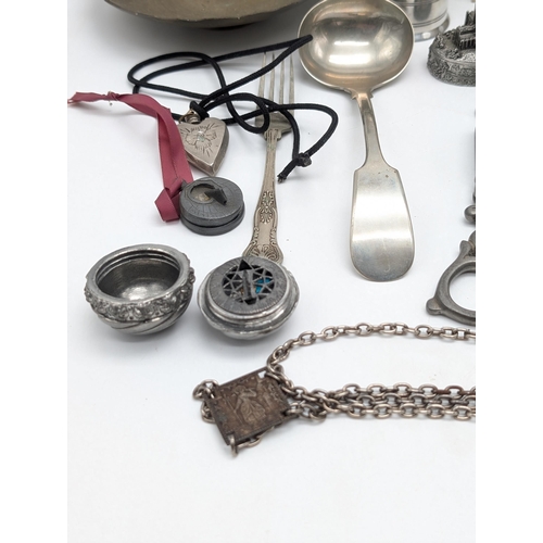 112 - Large Bundle Pewter, Plate, White Metal Trinket Pots Etc. Including Unusual Pewter Compass, Heavy Pl... 