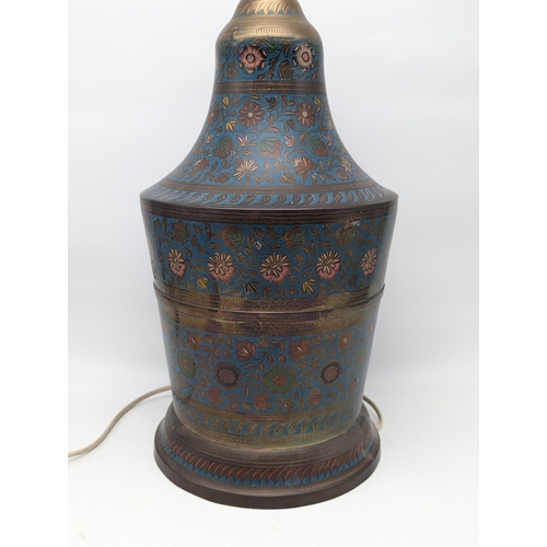 132 - Large Indian Brass Table Lamp Base With Engraved Colour Design Throughout Large and Impressive Piece... 