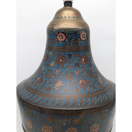 132 - Large Indian Brass Table Lamp Base With Engraved Colour Design Throughout Large and Impressive Piece... 