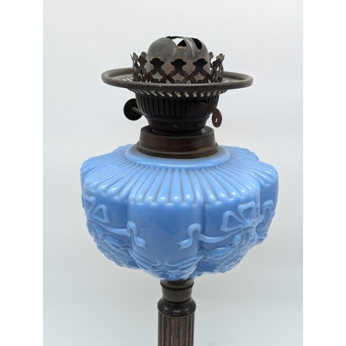 134 - Antique Veritas Lamp Work Corinthian Pillar. Opaline Blue Glass Oil Lamp. 16inches