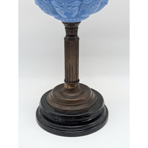 134 - Antique Veritas Lamp Work Corinthian Pillar. Opaline Blue Glass Oil Lamp. 16inches