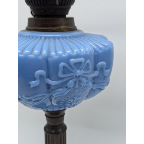 134 - Antique Veritas Lamp Work Corinthian Pillar. Opaline Blue Glass Oil Lamp. 16inches