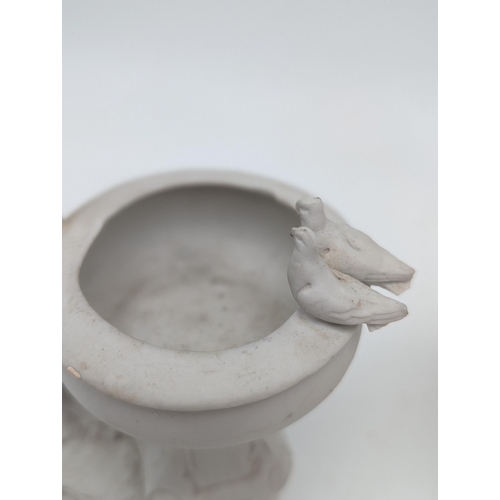 151 - Vintage White Bisque Porcelain / Biscuit Pottery Girl Figurine Resting on a Birdbath With Two Doves ... 