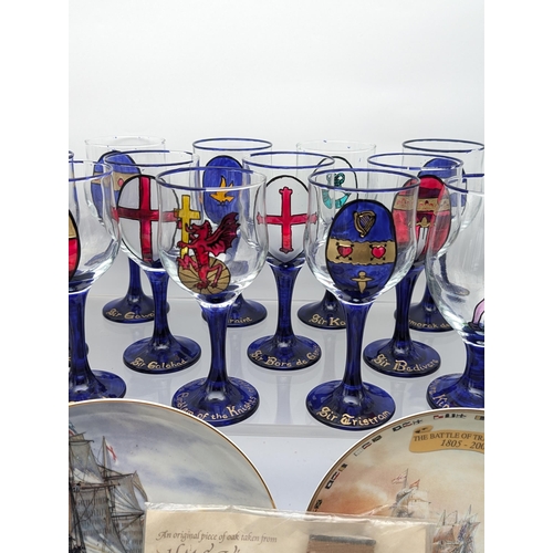 153 - 16 Hand painted/Decorated with a Medieval Crest Style Glasses, Nelson wear, Royal Worcester, Saddler... 