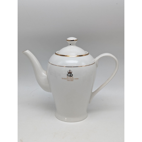 162 - Queens Elizabeth II Golden Jubilee White Teapot, Creamer and Sugar Bowl with Gilt Decoration