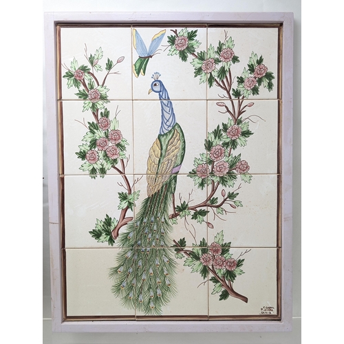 163 - 2 Hand Painted Gomil Tile Panels - Depicting Coral Reef and Fish 60x45cm and the other of a Peacock ... 