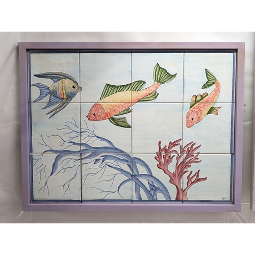 163 - 2 Hand Painted Gomil Tile Panels - Depicting Coral Reef and Fish 60x45cm and the other of a Peacock ... 