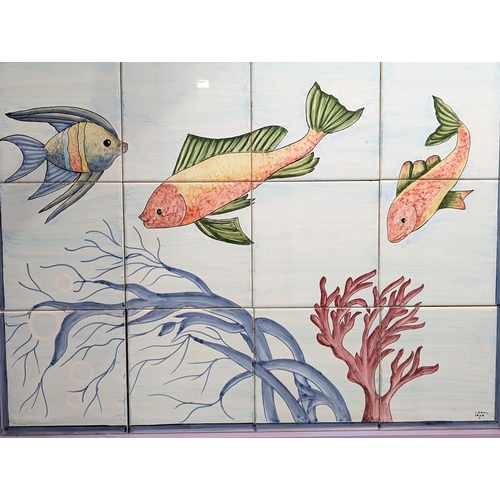 163 - 2 Hand Painted Gomil Tile Panels - Depicting Coral Reef and Fish 60x45cm and the other of a Peacock ... 