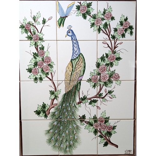 163 - 2 Hand Painted Gomil Tile Panels - Depicting Coral Reef and Fish 60x45cm and the other of a Peacock ... 