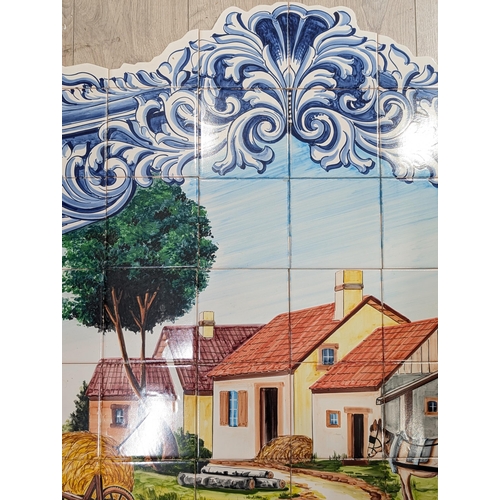 165 - Hand Painted Tile Mural 120x115cm Landscape Scene - Signed Lower Right A Vala? Jorge