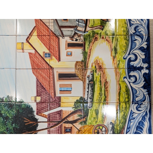 165 - Hand Painted Tile Mural 120x115cm Landscape Scene - Signed Lower Right A Vala? Jorge