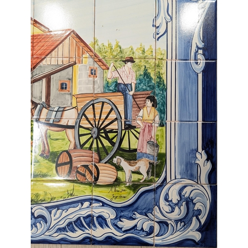 165 - Hand Painted Tile Mural 120x115cm Landscape Scene - Signed Lower Right A Vala? Jorge