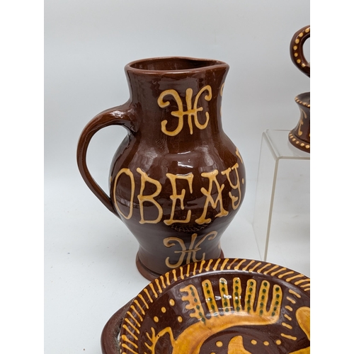 166 - Reproduction Slipware Pottery, Plus Reproduction Delft Style 17C Jugs. Produced For The Sealed Knot ... 