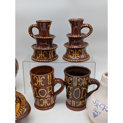 166 - Reproduction Slipware Pottery, Plus Reproduction Delft Style 17C Jugs. Produced For The Sealed Knot ... 