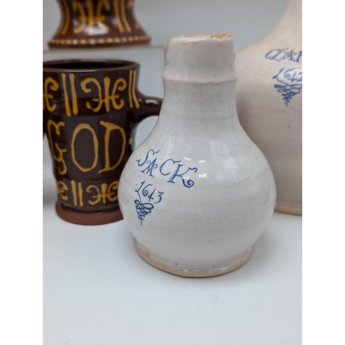 166 - Reproduction Slipware Pottery, Plus Reproduction Delft Style 17C Jugs. Produced For The Sealed Knot ... 