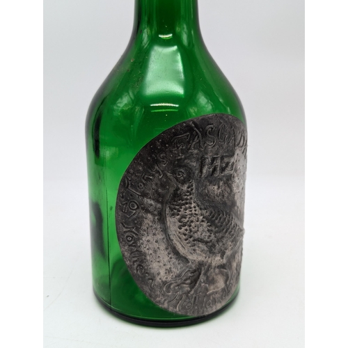 172 - Unusual Green Bottle With Pewter Plaque and Pewter Covered Cork - Inscription Tonys Fasgadh Award No... 