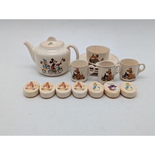 181 - Disney 1950s Beswick Nursery Ceramic Tea Set, AF Teapot Good, 2 Cups Good, 3 Saucers Good. Others Wi... 