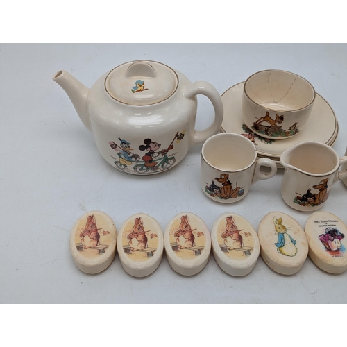 181 - Disney 1950s Beswick Nursery Ceramic Tea Set, AF Teapot Good, 2 Cups Good, 3 Saucers Good. Others Wi... 