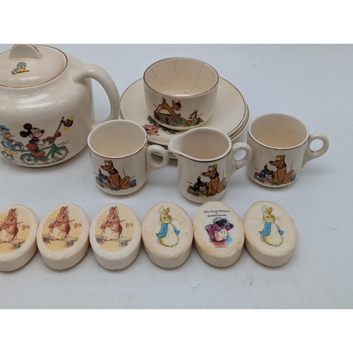 181 - Disney 1950s Beswick Nursery Ceramic Tea Set, AF Teapot Good, 2 Cups Good, 3 Saucers Good. Others Wi... 