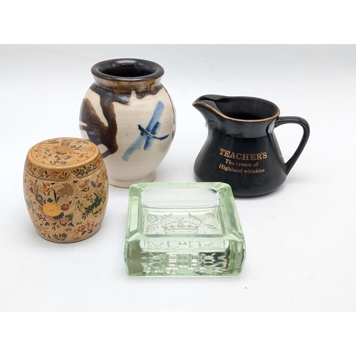 182 - Antique Papier Mache Pot, Along With Coronation Heavy Glass Ashtray, Studio Pottery Pot and teachers... 