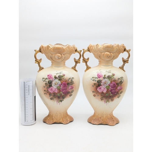 188 - Pair Antique Two Handled Jugs With Hand Decorated Floral & Gilt Design 13x8