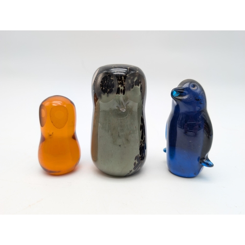 193 - Group (3) Art Glass Paperweights, Two Depicting Owls and One Blue Penguin Largest 4