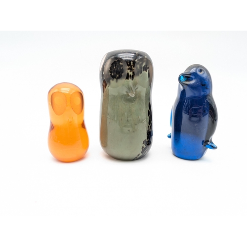 193 - Group (3) Art Glass Paperweights, Two Depicting Owls and One Blue Penguin Largest 4