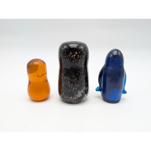 193 - Group (3) Art Glass Paperweights, Two Depicting Owls and One Blue Penguin Largest 4