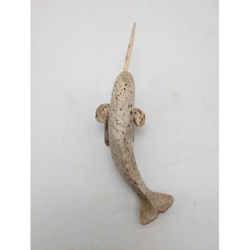 203 - Unusual Inuit Bone Carved Sculpture Depicting A Narwhal - Maximum Width 8