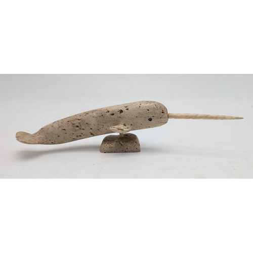 203 - Unusual Inuit Bone Carved Sculpture Depicting A Narwhal - Maximum Width 8