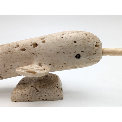 203 - Unusual Inuit Bone Carved Sculpture Depicting A Narwhal - Maximum Width 8