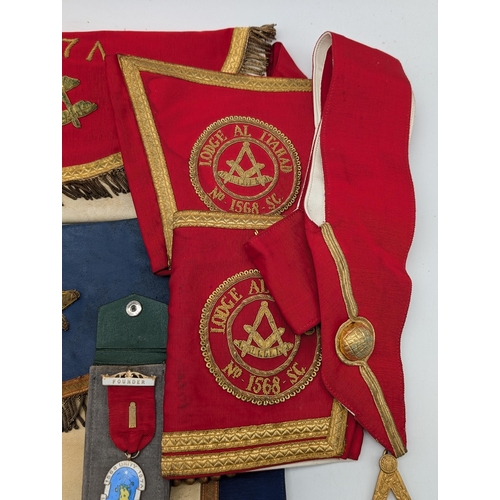 217 - Masonic Interest - Masonic Aprons x 3, Cuffs, Founders Jewel Etc From Lodge Al Itahad Along With Ste... 