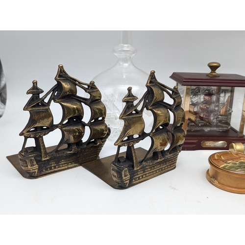 218 - Group of Ship in Bottles. Brass Ship Bookends, Brass Cannons E.C.T