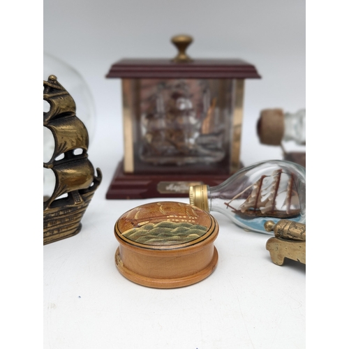 218 - Group of Ship in Bottles. Brass Ship Bookends, Brass Cannons E.C.T