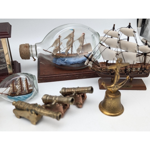 218 - Group of Ship in Bottles. Brass Ship Bookends, Brass Cannons E.C.T