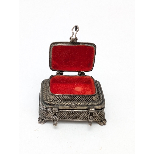 222 - Vintage White Metal Two Tier Pill Box. With Red Lining 4x3x2cm