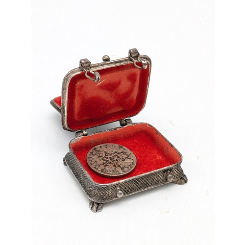 222 - Vintage White Metal Two Tier Pill Box. With Red Lining 4x3x2cm