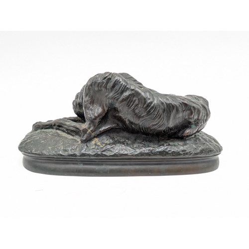 223 - Solid Bronze Hunting dog/ Saluki/wolfhound Signed Clovis -Edmond Masson (1838-19-13). 14x7.5x5cm