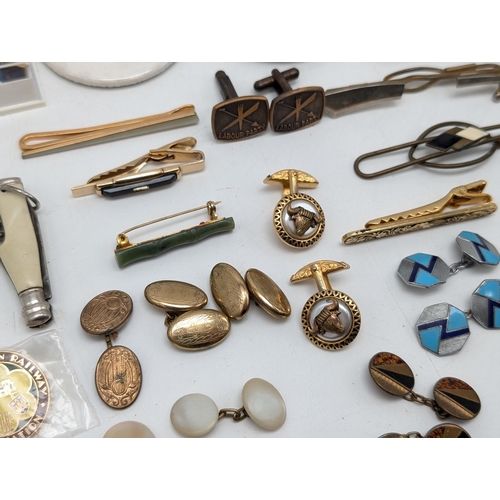 244 - Group Vintage Pins, Tie Clips, Broochs, Cufflinks Etc Some Rolled Gold