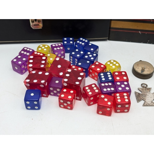 253 - Eclectic Collection of Colourful and Quirky Dice. Along with Wooden Jewllery Box and Metal Tin (with... 