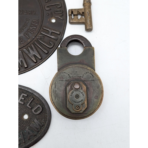 260 - Group of Locks and Plaques, Antique Safe Plaques Plus 2 E.Cotteril and Co Locks.