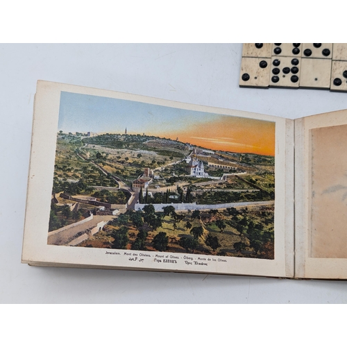 265 - Victorian Set of Bone and Ebony Double 9 Dominoes Plus a Pressed Flower Albumn from the Holy Land